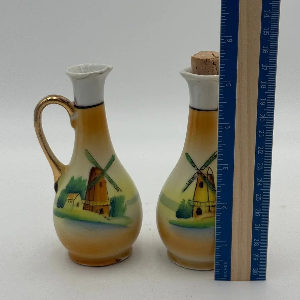 Vintage Hand Painted Japan Porcelain Windmill Cruet Set Gold Handle 2pc